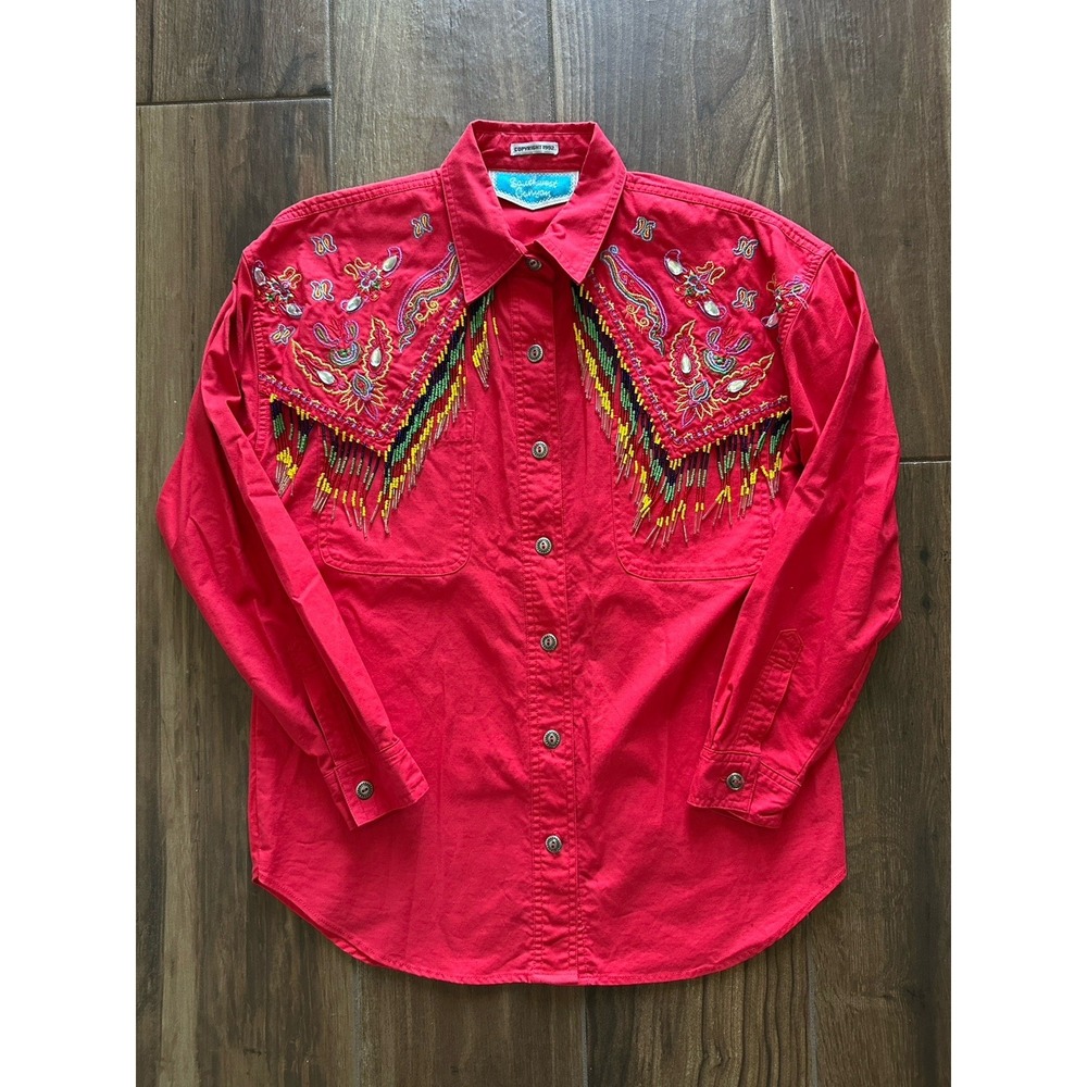 Southwest Canyon Western Beaded Fringe Red Cotton Button Up Shirt M